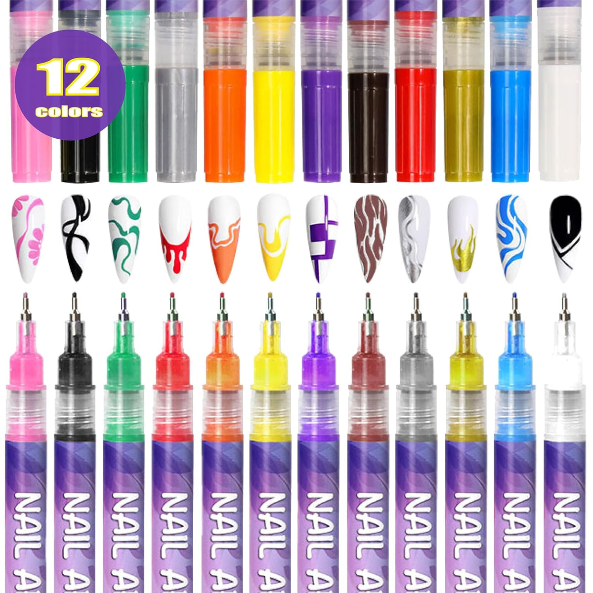 12 Colors Nail Art Pens Set 3D Nail Polish Pens Graffiti Dotting Pen Acrylic Paint Pens Point Liner