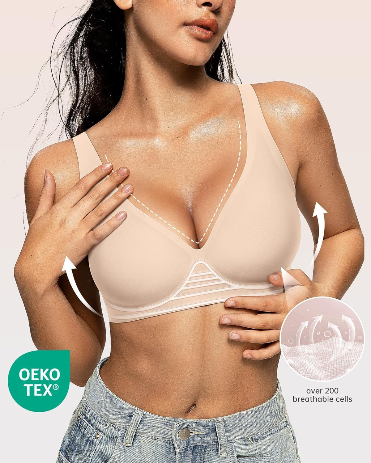 OEAK Womens Deep V Bras Wireless Comfortable Bra Supportive No Underwire Bras Tshirt Push Up