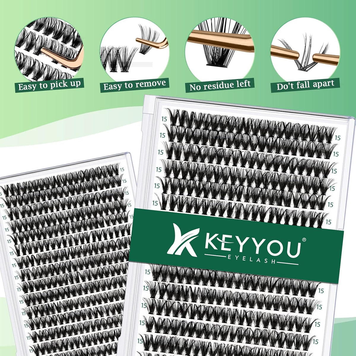 Lash Clusters 300pcs Individual Lashes 40D 0.07D Curl 15mm DIY Eyelash Extension KEYYOU Large Tray