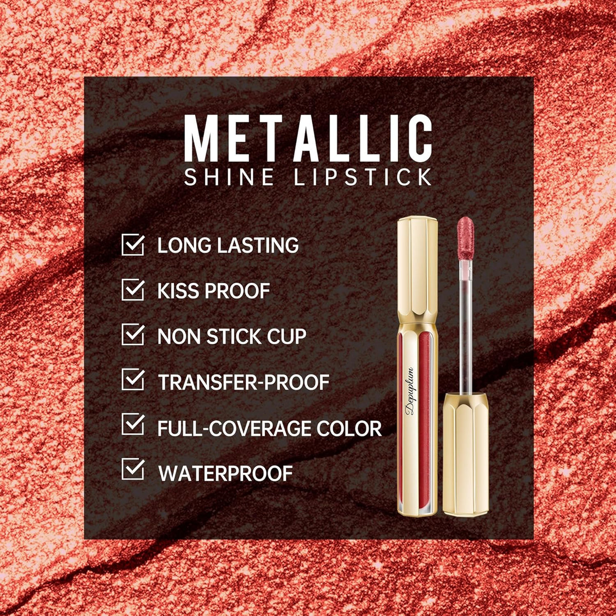 Red Lipsticks for Women Metallic Lipstick Long Lasting Non Stick Cup Lip Gloss, Shimmer Lightweight