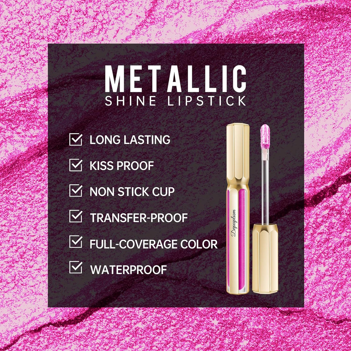 Hot Pink Lipsticks for Women Metallic Lipstick Long Lasting Non Stick Cup Lip Gloss, Shimmer