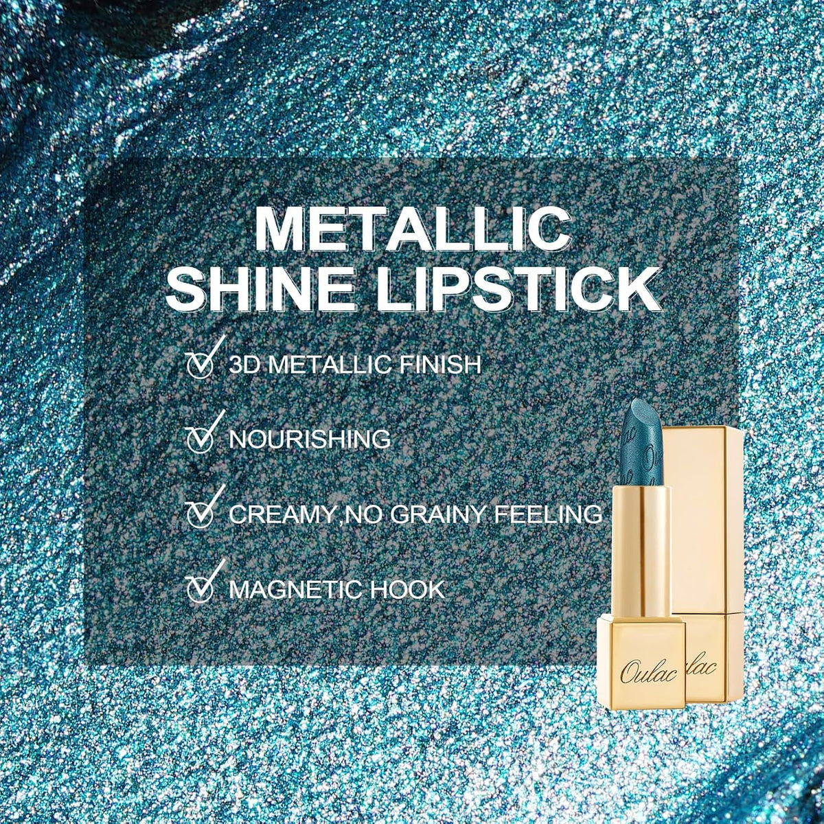 Oulac Metallic Green Lipstick for Women with Metallic 3D Shine, Lightweight Hydrating Formula