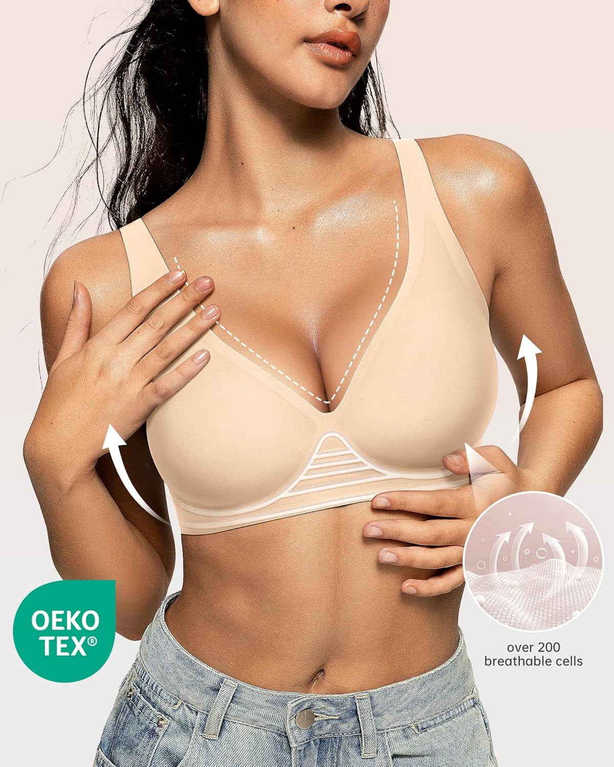OEAK Womens Deep V Bras Wireless Comfortable Bra Supportive No Underwire Bras Tshirt Push Up