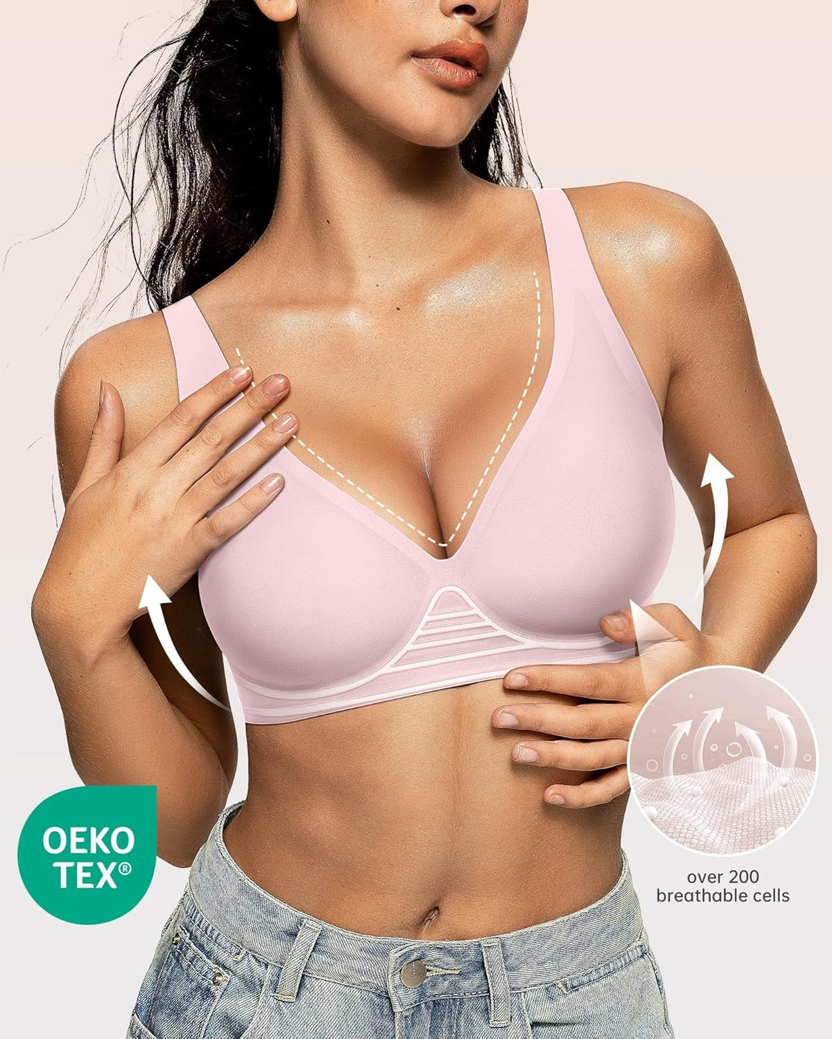 OEAK Womens Deep V Bras Wireless Comfortable Bra Supportive No Underwire Bras Tshirt Push Up