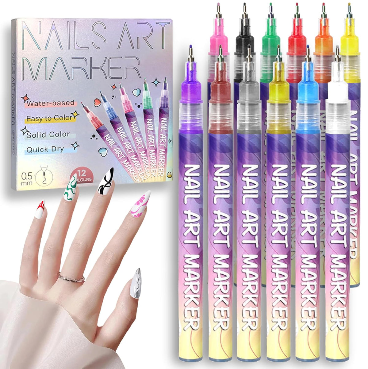 12 Colors Nail Art Pens Set 3D Nail Polish Pens Graffiti Dotting Pen Acrylic Paint Pens Point Liner