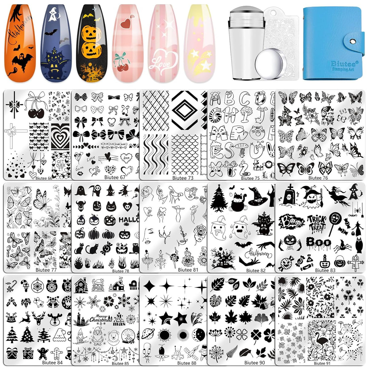Biutee Nail Stamping Plate 15PCS Nail Stamper Kit Nail Art Stamping Plates Set with Nail Stamper