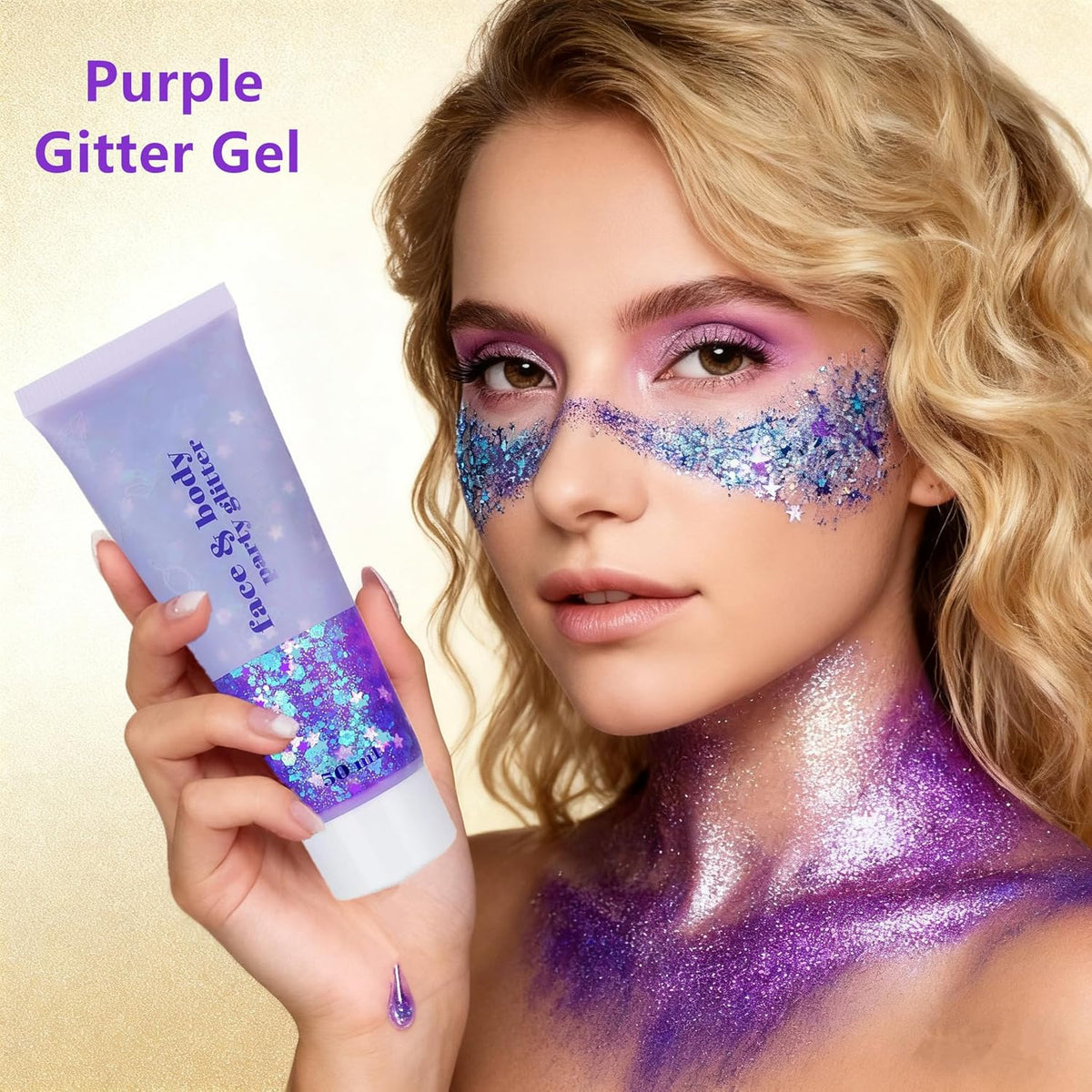 Go Ho Mermaid Purple Face Body Glitter Gel,Holographic Purple Hair Glitter,Mardi Gras Outfit for
