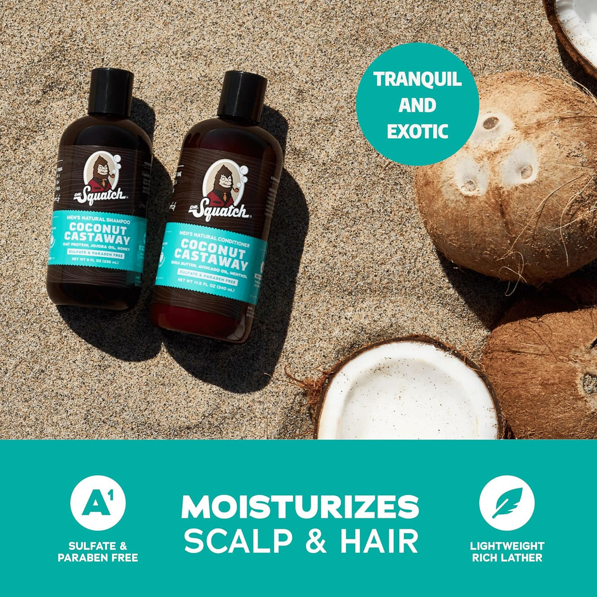 Dr. Squatch Natural Hair Bundle for Men - Healthy, Full Looking Hair - Coconut Castaway Shampoo (8