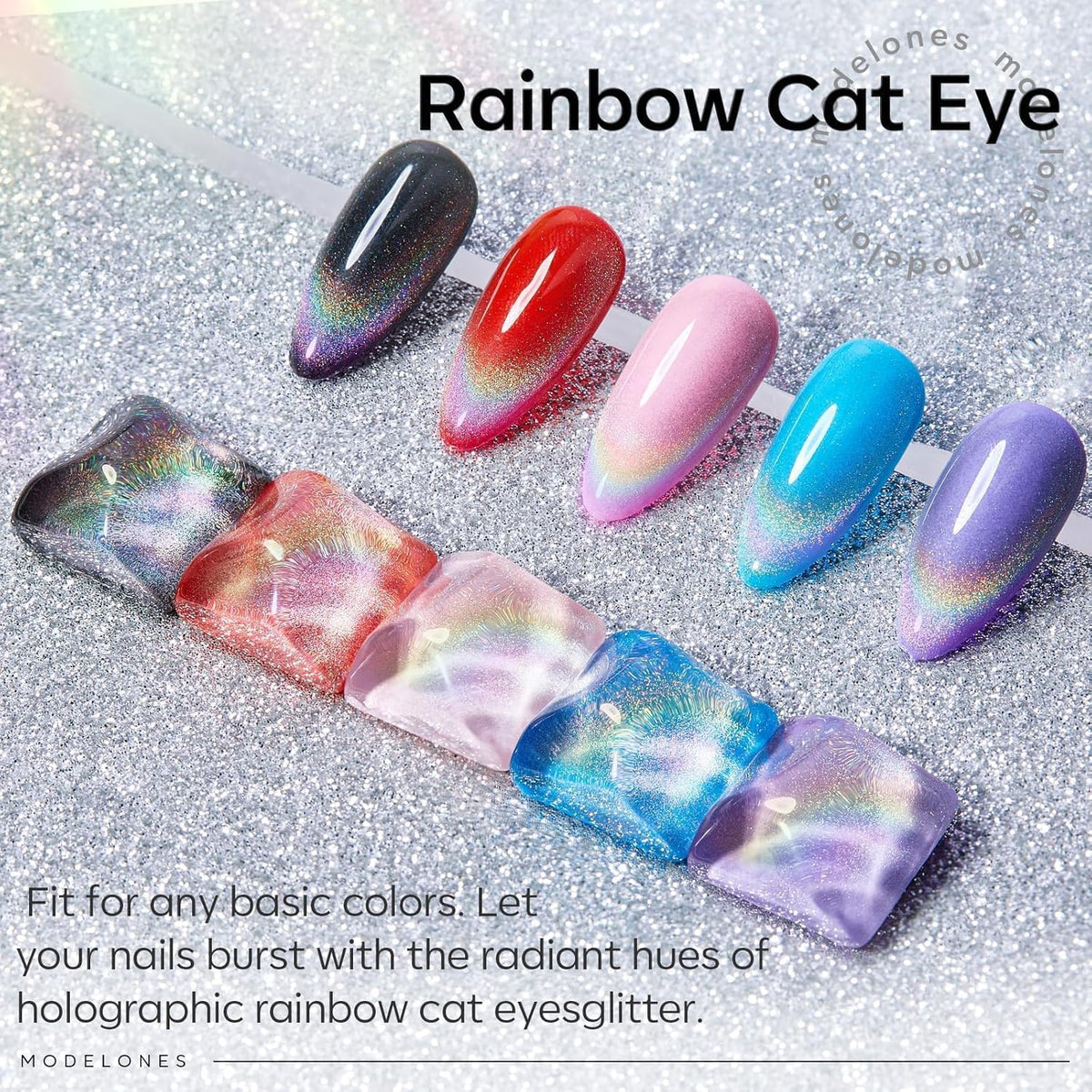 modelones Rainbow Cat Eye Gel Nail Polish Top Coat, 2-in-one 9D Glitter Clear Gel Polish with