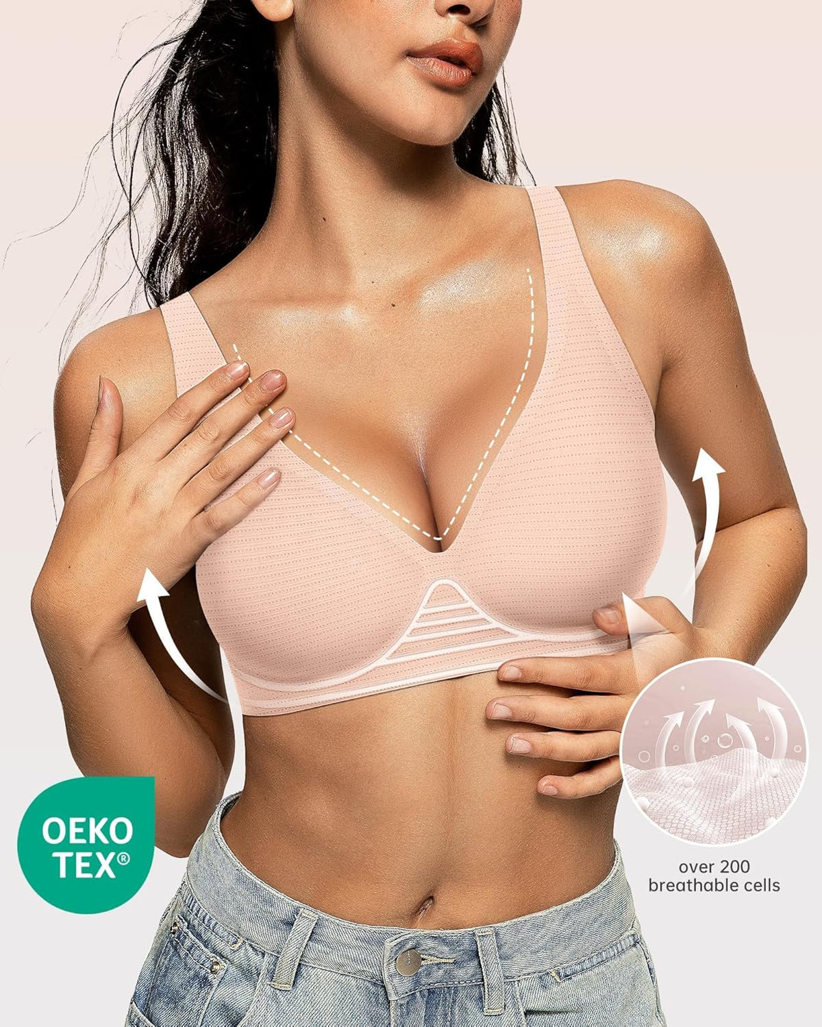 OEAK Womens Deep V Bras Wireless Comfortable Bra Supportive No Underwire Bras Tshirt Push Up