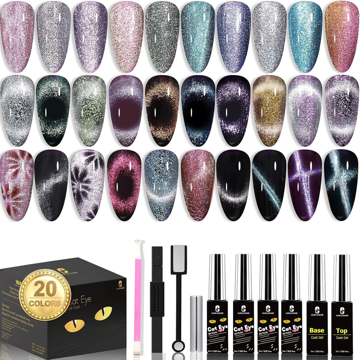 Clara Colors Magnetic Nail Polish - 20 Colors Cat Eye Gel Polish Kit Holographic Glitter Cat Eye