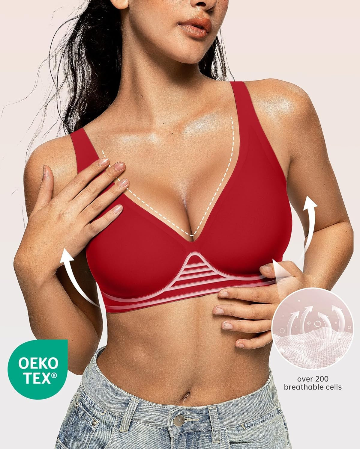 OEAK Womens Deep V Bras Wireless Comfortable Bra Supportive No Underwire Bras Tshirt Push Up