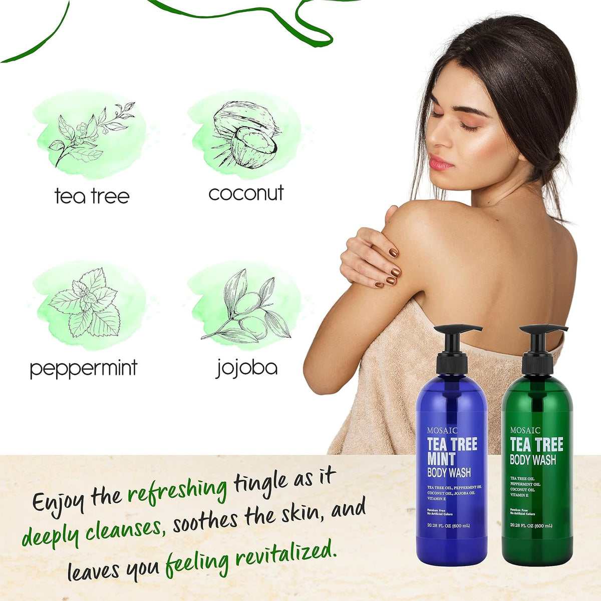 Tea Tree Body Wash with Mint & Shower Gel with Vitamin E for Jock Itch, Eczema, Ringworm, Body