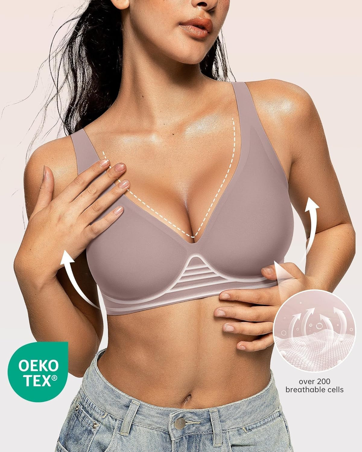 OEAK Womens Deep V Bras Wireless Comfortable Bra Supportive No Underwire Bras Tshirt Push Up