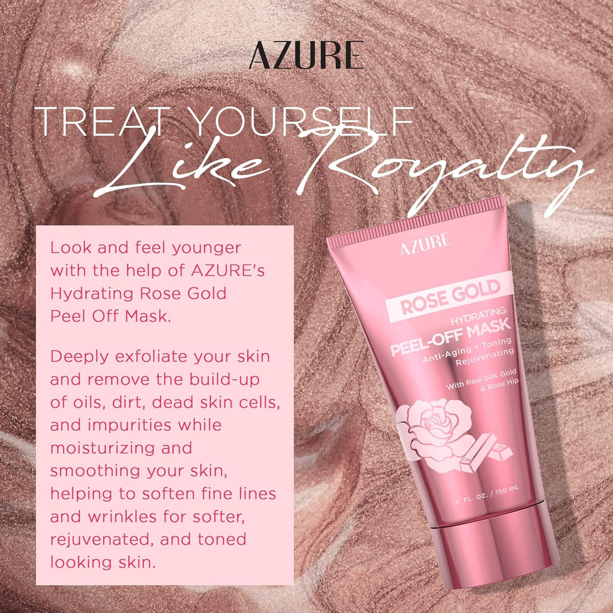 Azure Cosmetics Rose Gold Hydrating Peel Off Face Mask- Anti Aging, Toning & Rejuvenating - Removes