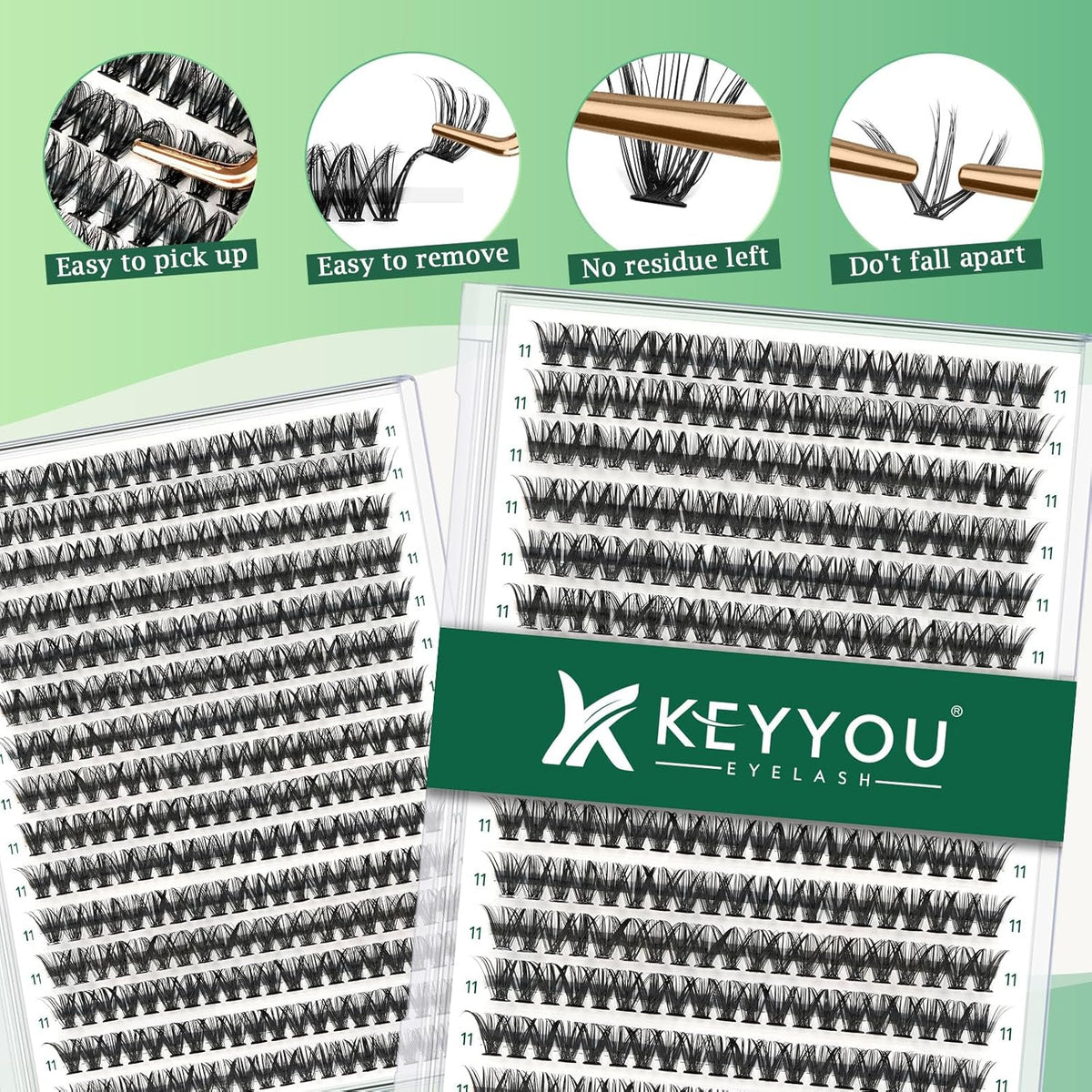 Lash Clusters 300pcs Individual Lashes 40D 0.07C Curl 11mm DIY Eyelash Extension KEYYOU Large Tray