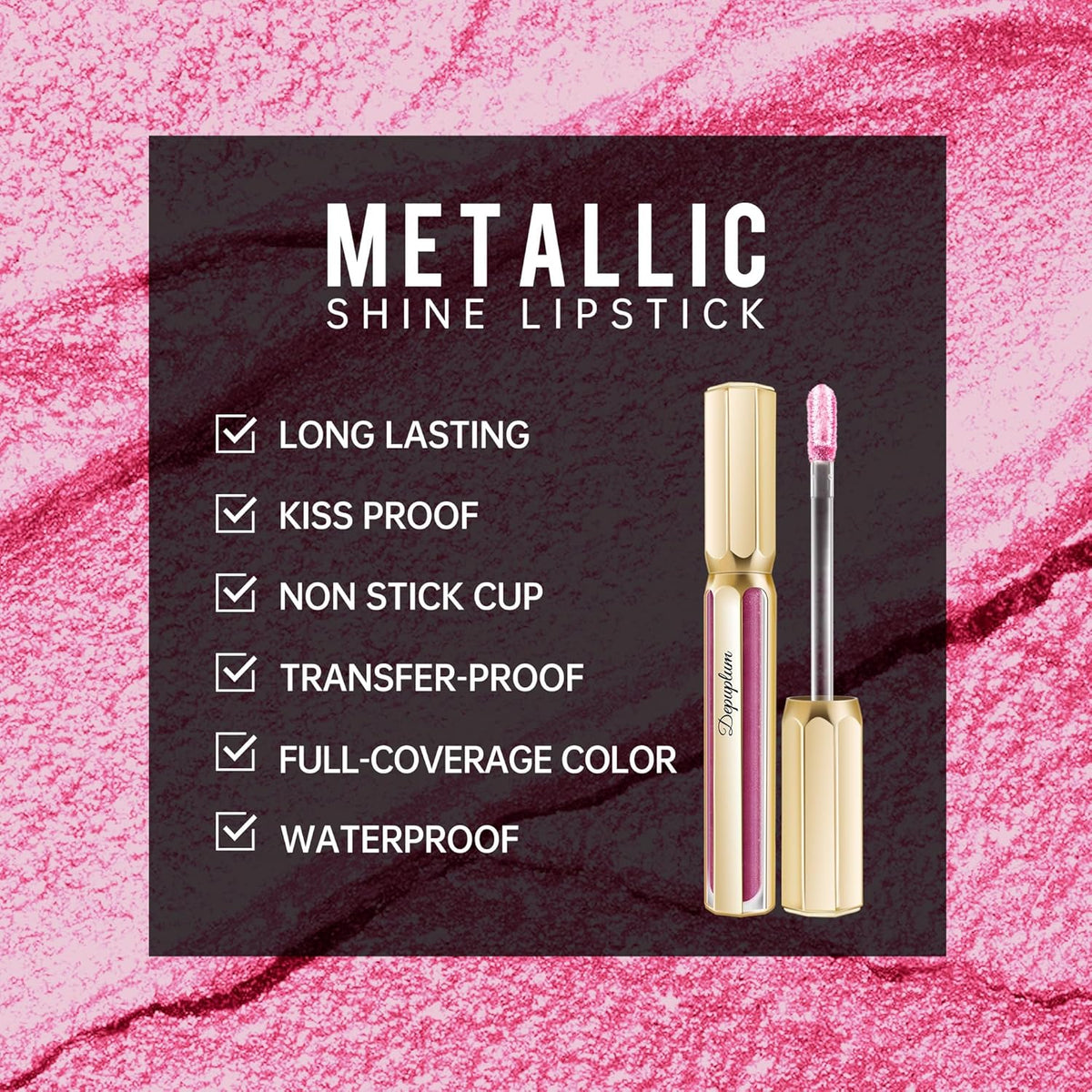 Pink Lipsticks for Women Metallic Lipstick Long Lasting Non Stick Cup Lip Gloss, Shimmer