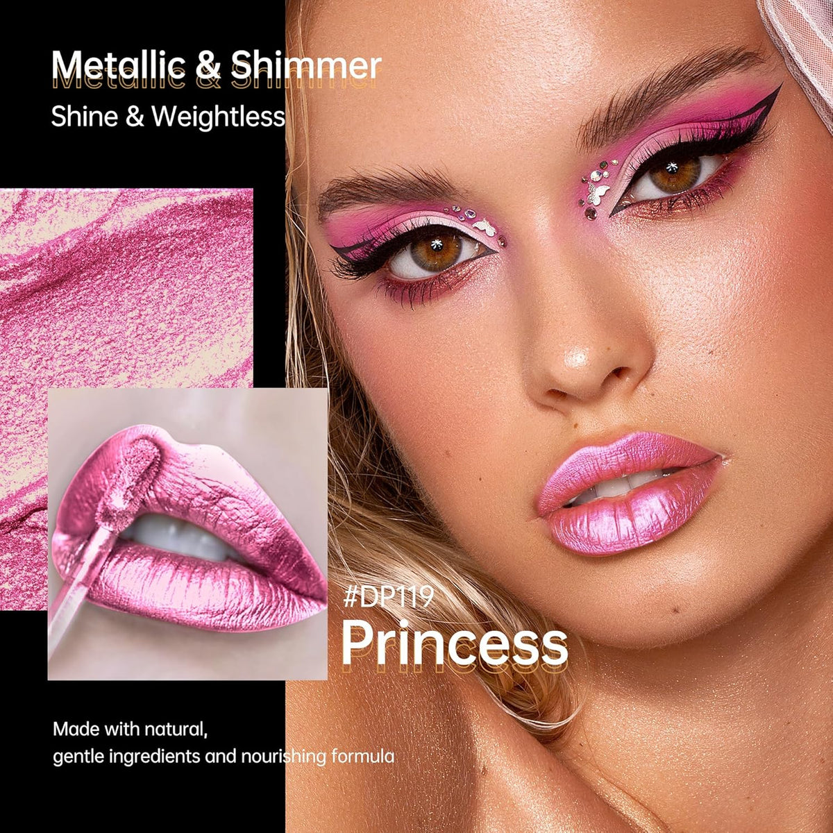 Pink Lipsticks for Women Metallic Lipstick Long Lasting Non Stick Cup Lip Gloss, Shimmer