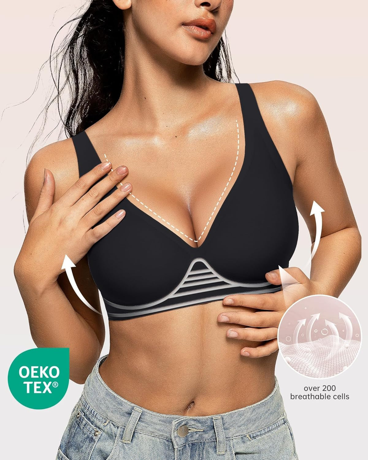 OEAK Womens Deep V Bras Wireless Comfortable Bra Supportive No Underwire Bras Tshirt Push Up
