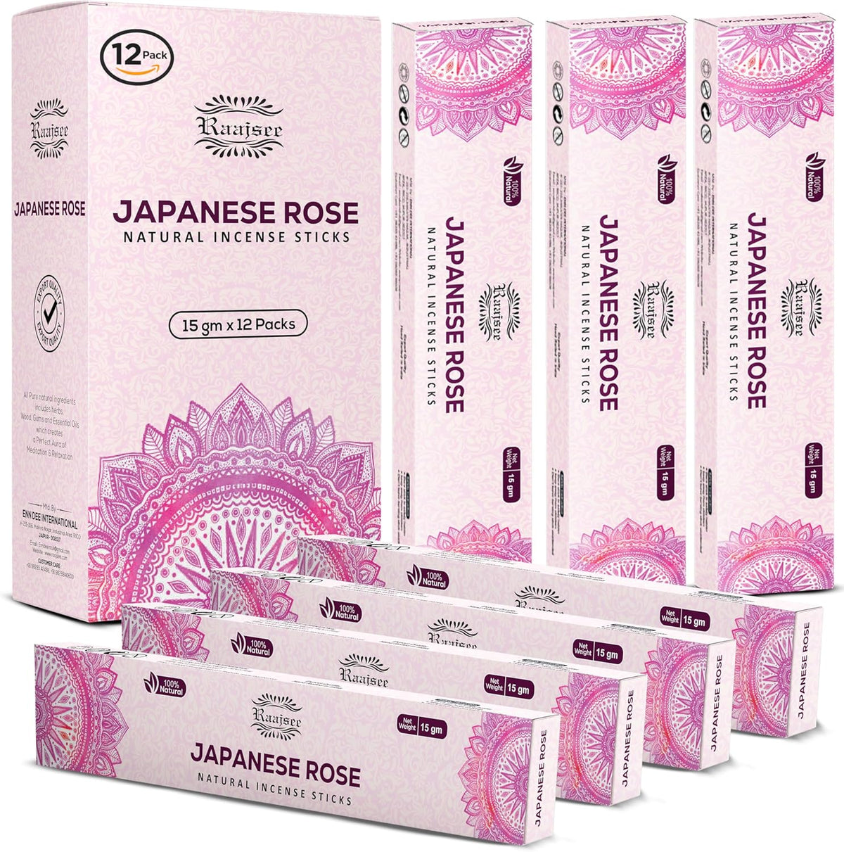 Raajsee Japanese Rose Incense Sticks (180 gm), 100% Pure Organic Natural Hand Rolled Free from