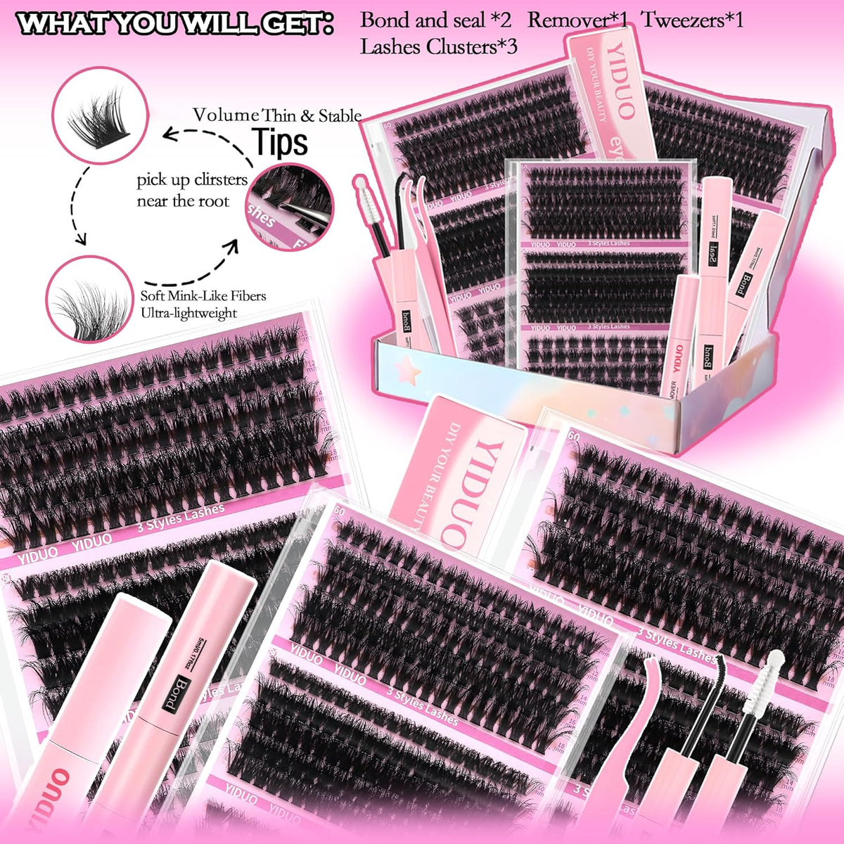 Volume Lashes Clusters Lash Kit Gift Packs 770Pcs with 2X Bond&Seal 5 style Mixed C-Curl False
