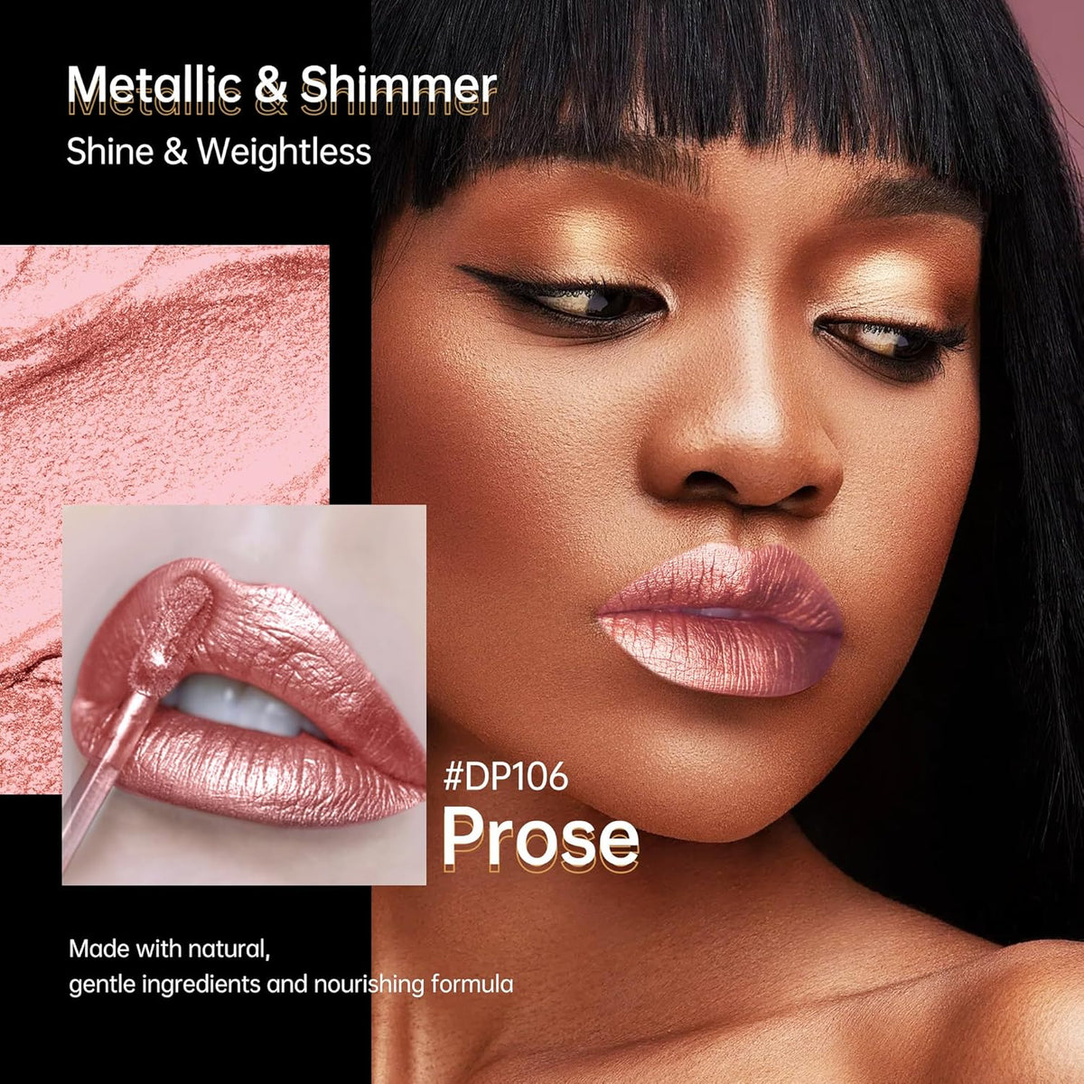 Nude Pink Lipsticks for Women Metallic Lipstick Long Lasting Non Stick Cup Lip Gloss, Shimmer