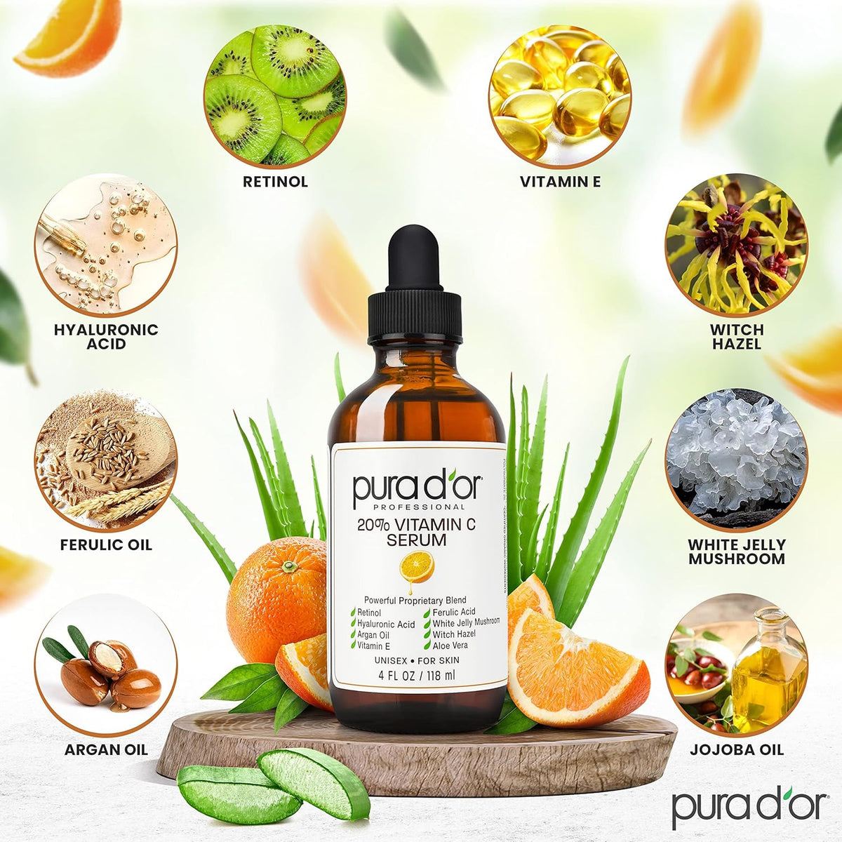 PURA D'OR 20% Vitamin C Serum 4 Oz - Lightweight Maximum Strength Formula - Retinol, Hyaluronic