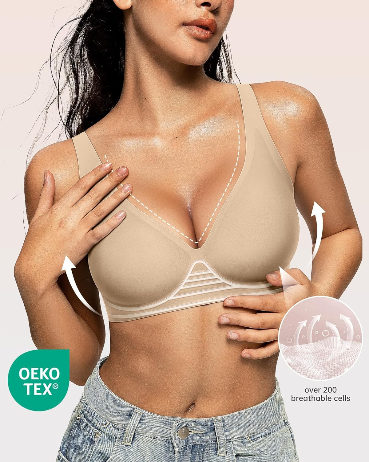 OEAK Womens Deep V Bras Wireless Comfortable Bra Supportive No Underwire Bras Tshirt Push Up
