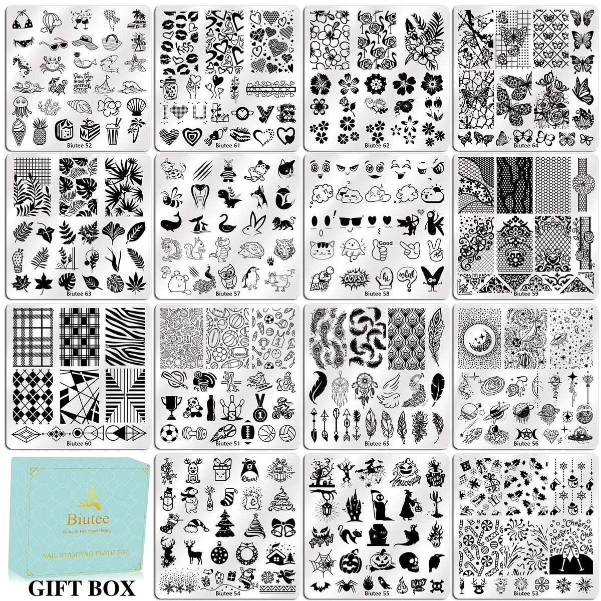 Biutee Nail Stamping Plates Set 15PCS Nail Art Stamper Scraper Nail Art Stamping Kit with Storage