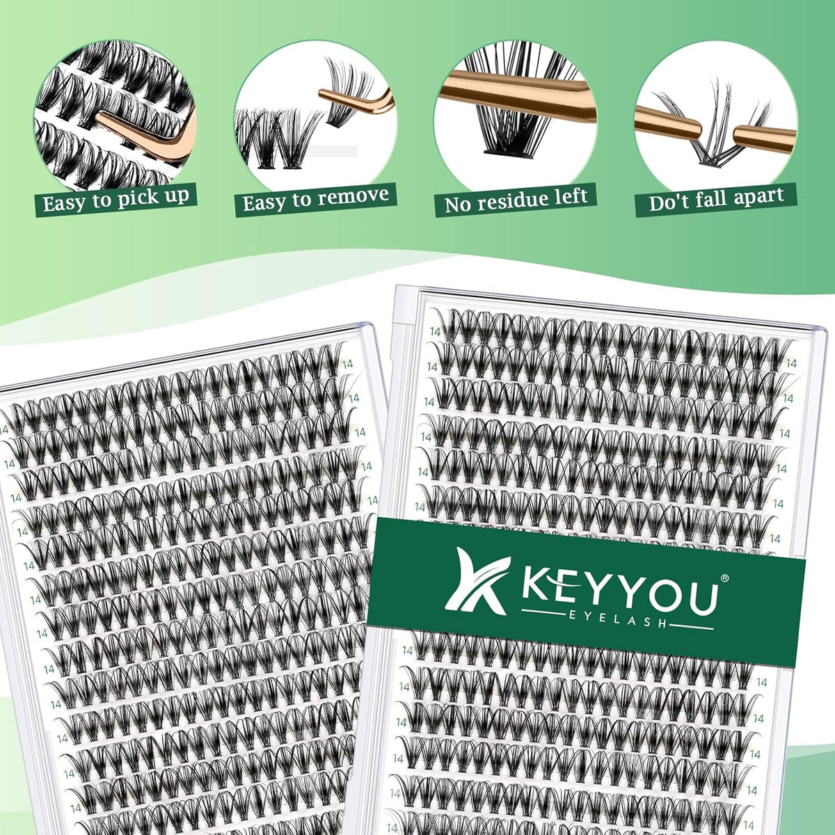 Lash Clusters 300pcs Individual Lashes 30D 0.07D Curl 14mm DIY Eyelash Extension KEYYOU Large Tray