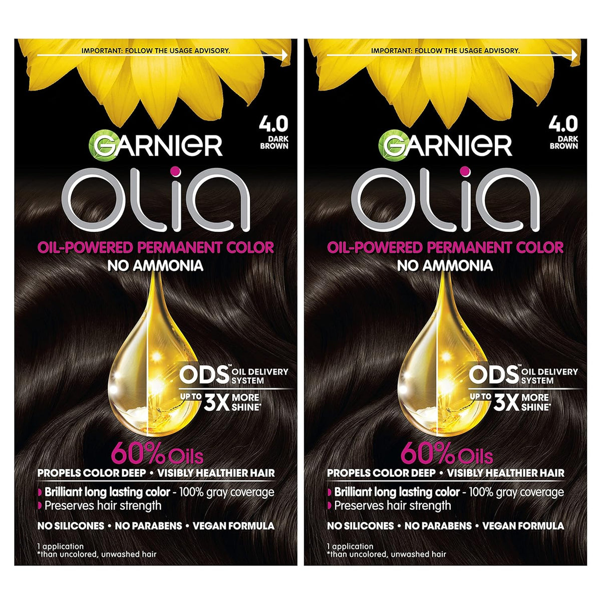 Garnier Hair Color Olia Ammonia-Free Brilliant Color Oil-Rich Permanent Hair Dye, 4.0 Dark Brown, 2