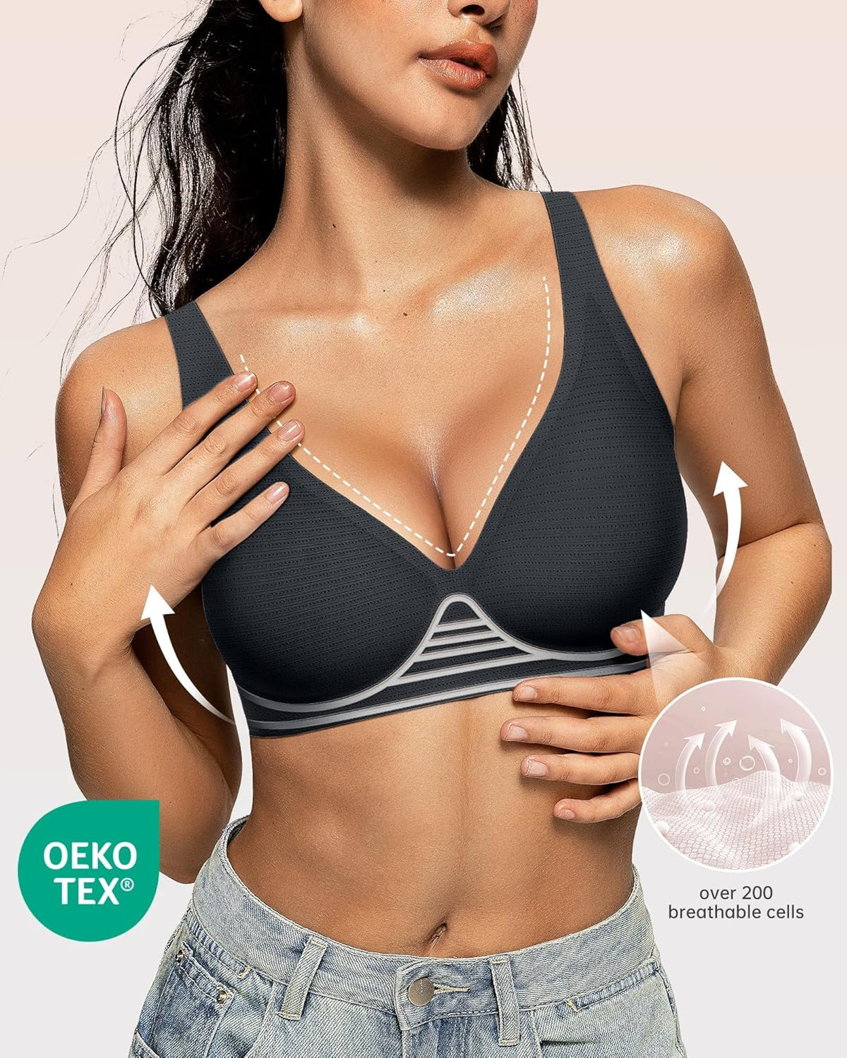 OEAK Womens Deep V Bras Wireless Comfortable Bra Supportive No Underwire Bras Tshirt Push Up