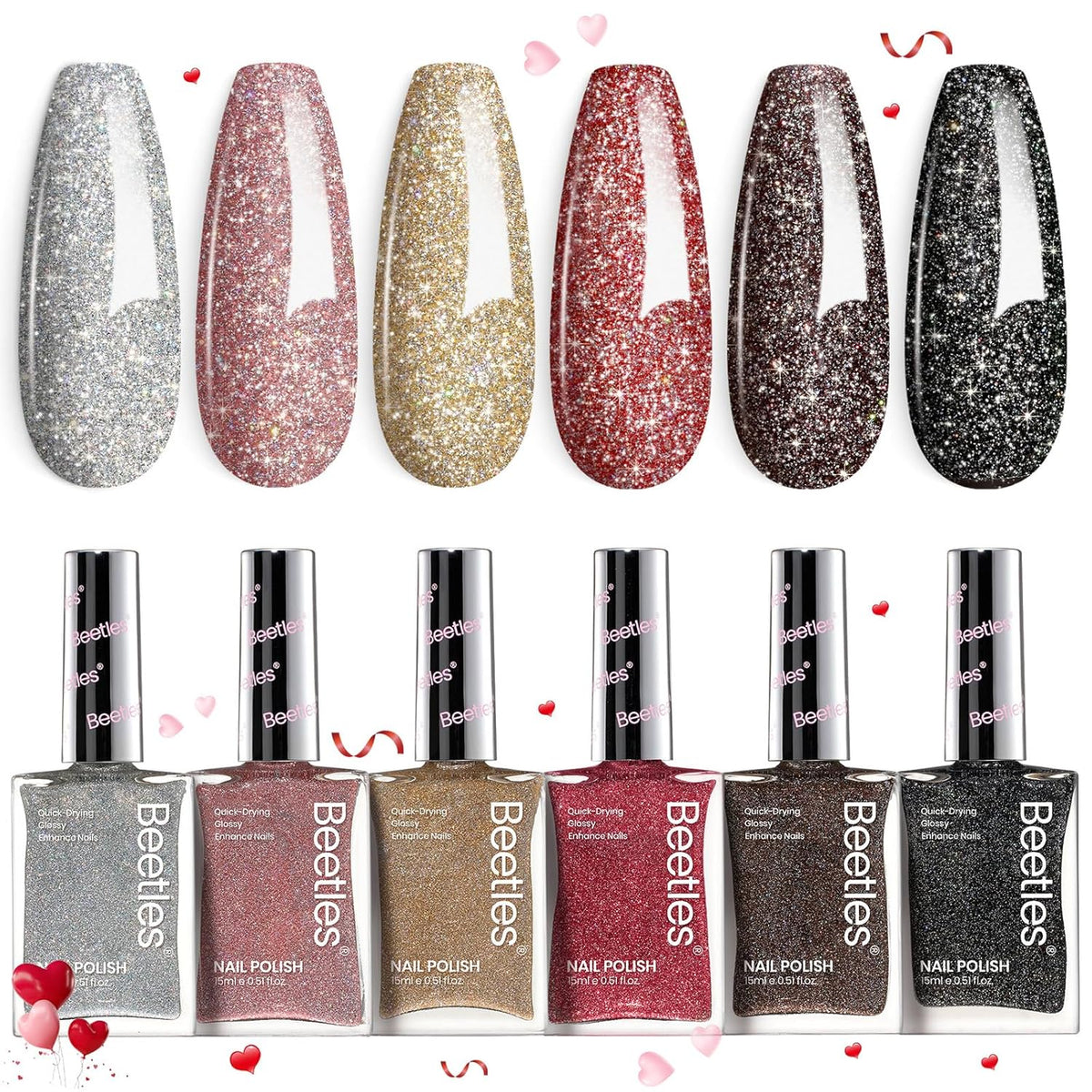 Beetles Glitter Nail Polish Set, 6 Color Silver Pink Gold Red Brown Black Quick Air Dry Nail Polish