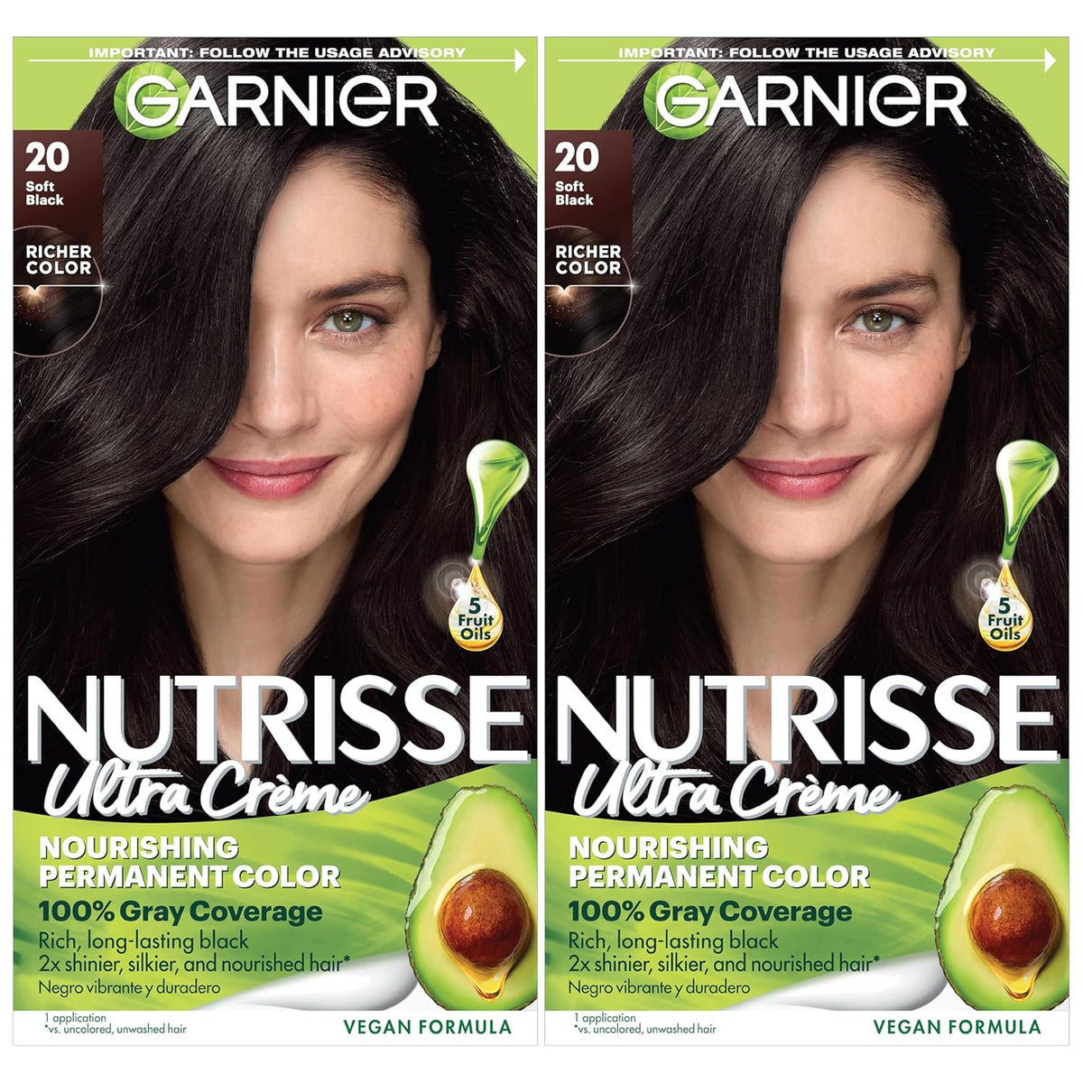 Garnier Hair Color Nutrisse Nourishing Creme, 20 Soft Black (Black Tea) Permanent Hair Dye, 2 Count