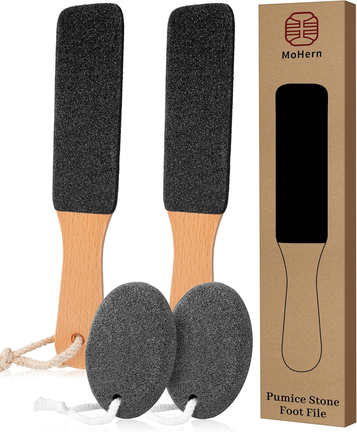 Pumice Stone Foot File, 4pcs Set Callus Remover for Feet with Wooden Handle, Pedicure Foot Scrubber
