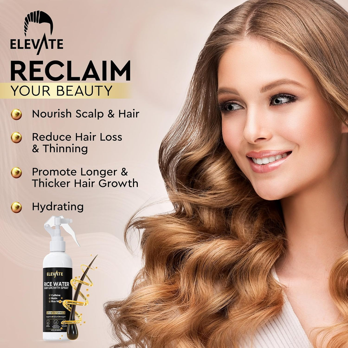 Elevate Rice Water Hair Growth Spray - Infused with Biotin, Caffeine & Aloe Vera for Thicker