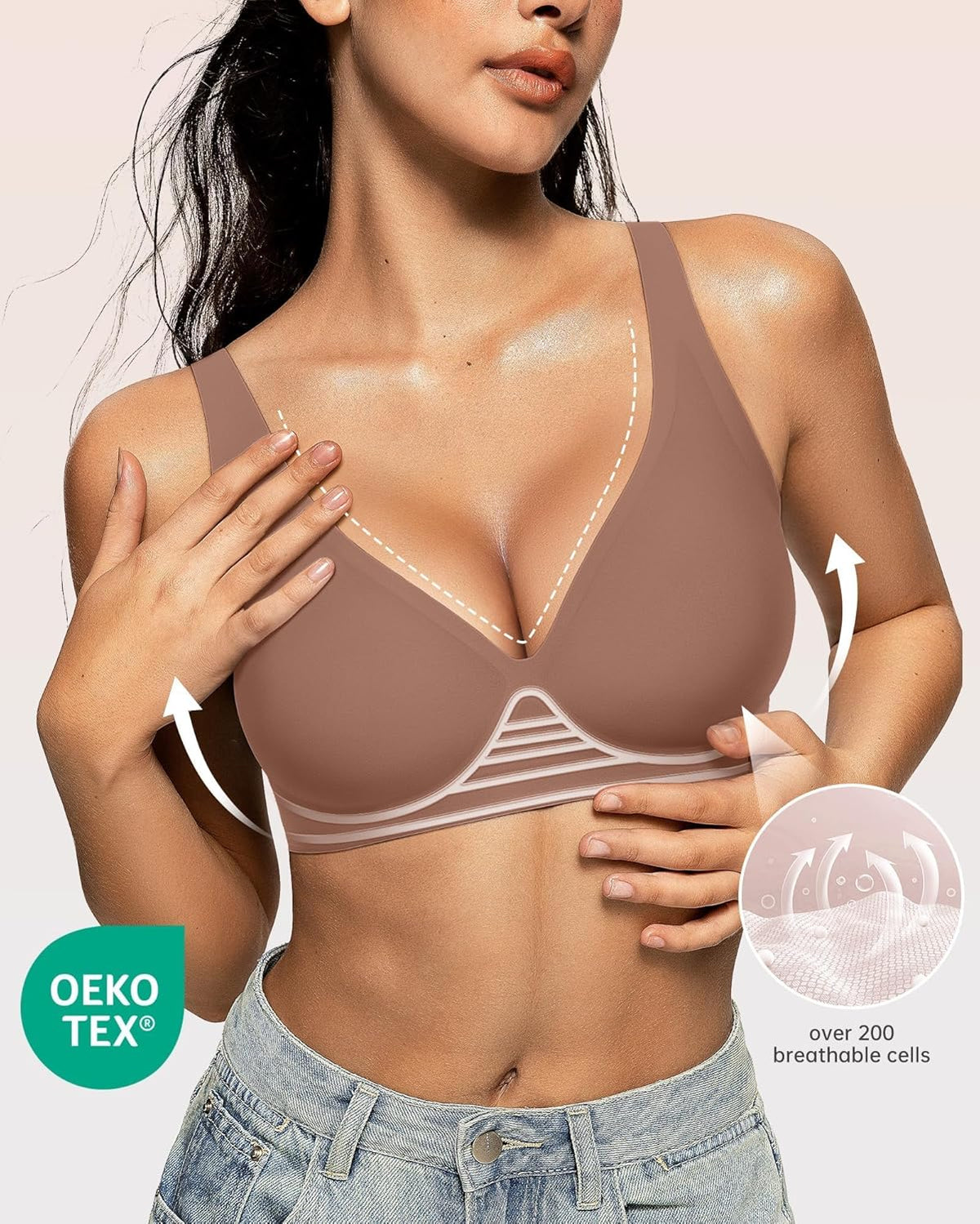 OEAK Womens Deep V Bras Wireless Comfortable Bra Supportive No Underwire Bras Tshirt Push Up