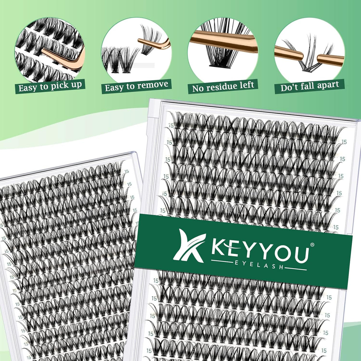 Lash Clusters 300pcs Individual Lashes 30D 0.07D Curl 15mm DIY Eyelash Extension KEYYOU Large Tray