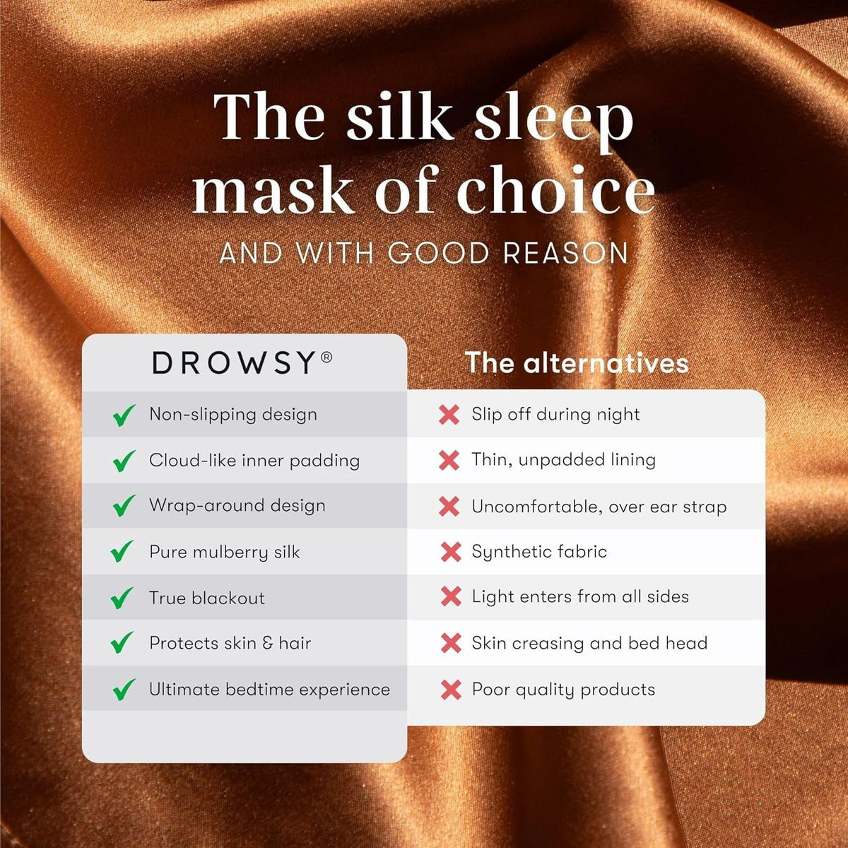 DROWSY Silk Sleep Mask. Face-Hugging, Padded Silk Cocoon for Luxury Sleep in Total Darkness.