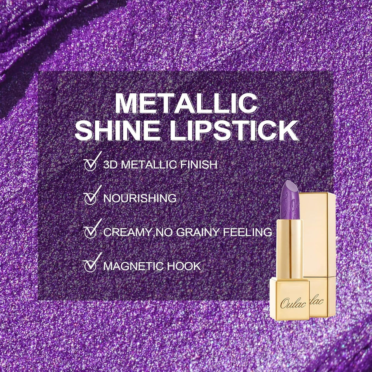 Oulac Purple Lipstick for Women with Metallic 3D Shine, Lightweight Hydrating Formula, High-Impact