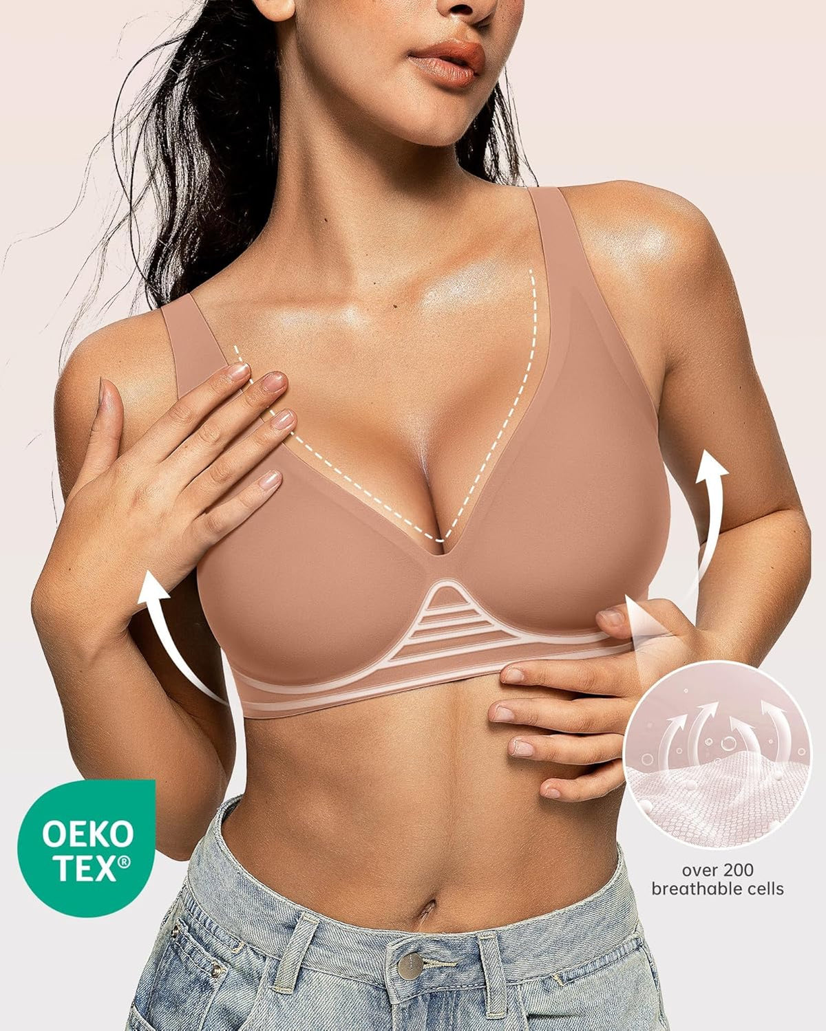 OEAK Womens Deep V Bras Wireless Comfortable Bra Supportive No Underwire Bras Tshirt Push Up