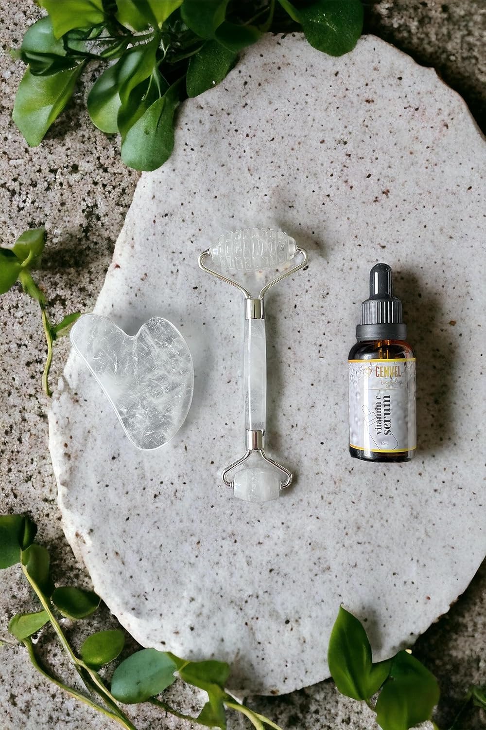 100% Real Crystal Jade Stone Roller and Gua Sha Set with Vitamin C Serum | Great for Eye Puffiness