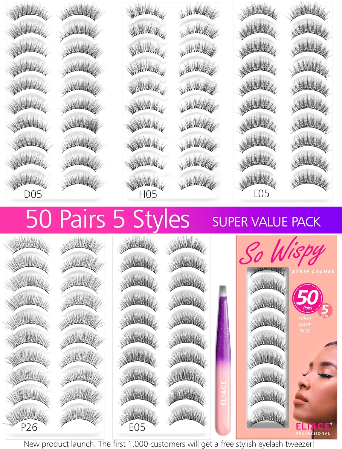 Eliace Luxurious 50 Pairs 5 Styles Cat Eye Lashes Wispy False Eyelashes Natural look 3D Mink Lashes