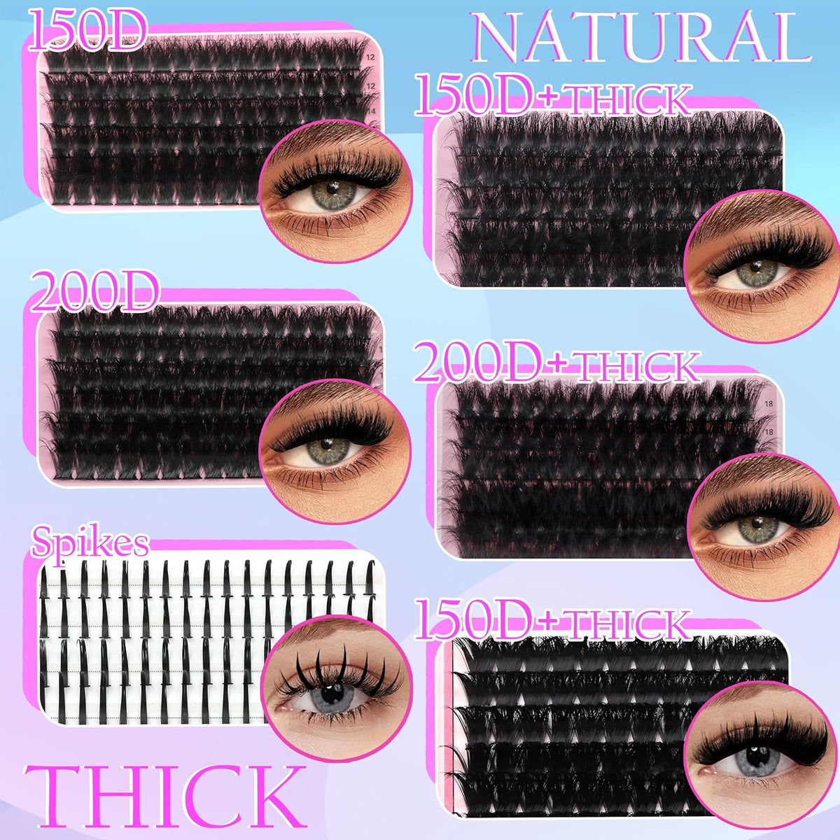 575Pcs Bulk Pack Lashes Clusters Kit with Glue and Removers, D Curl Volume 150D+200D+Spiky Lashes