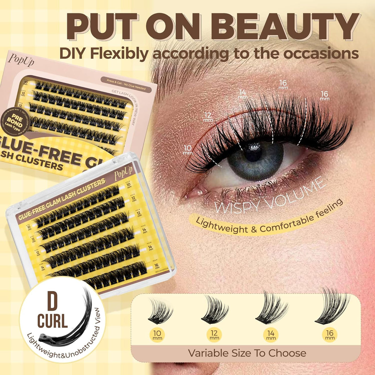 PopUp Self Adhesive Eyelashes Clusters, Press On Lashes Pre Glued Eyelash Extension Kit with Lash