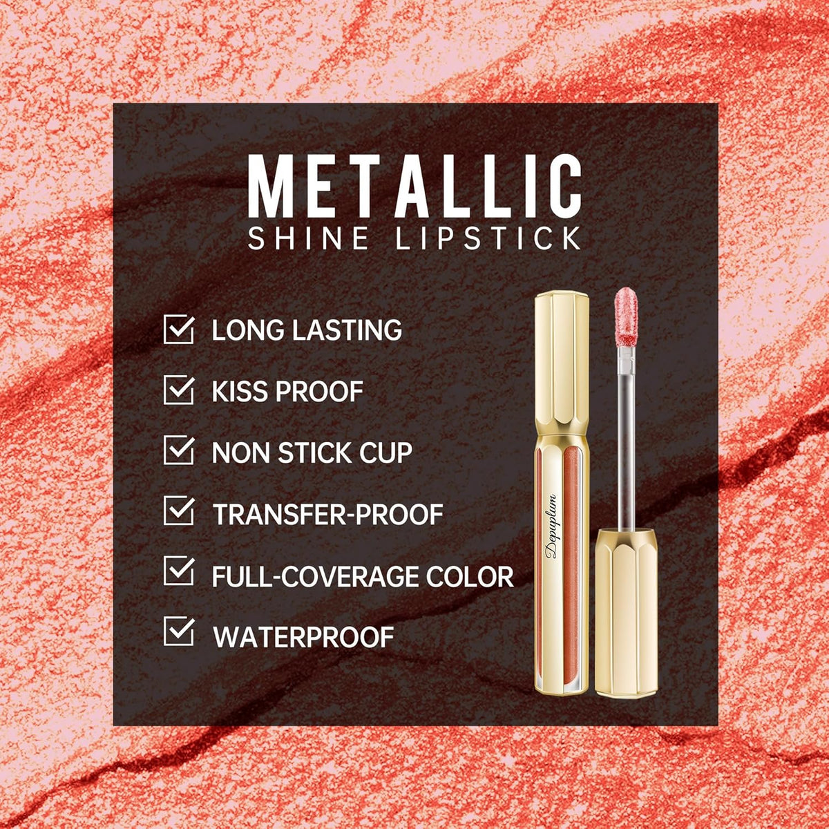 Peach Red Lipsticks for Women Metallic Lipstick Long Lasting Non Stick Cup Lip Gloss, Shimmer