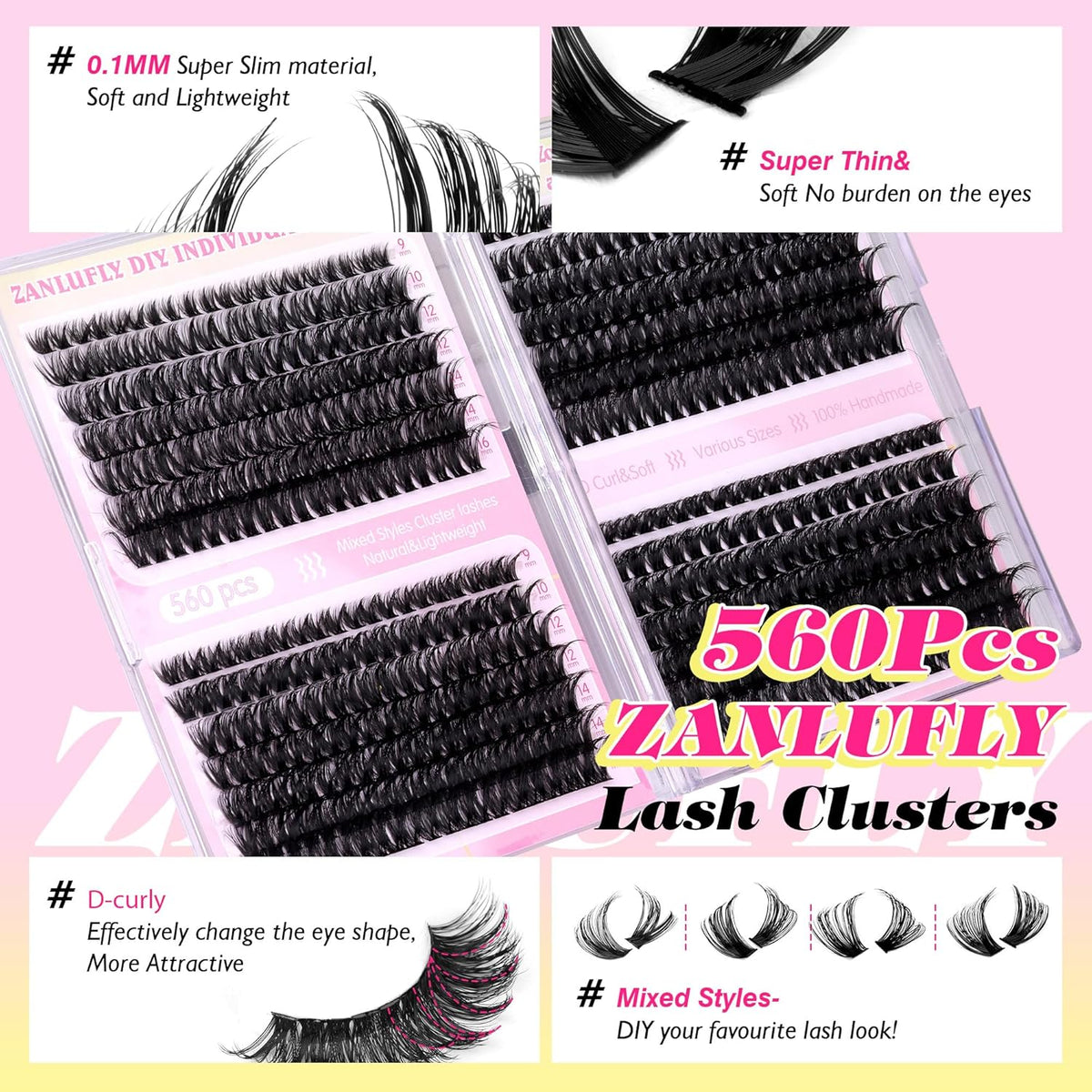 Lash Clusters D-Curly Individual Lashes Volume Eyelash Clusters Bulk zanlufly Thick Lash Extension