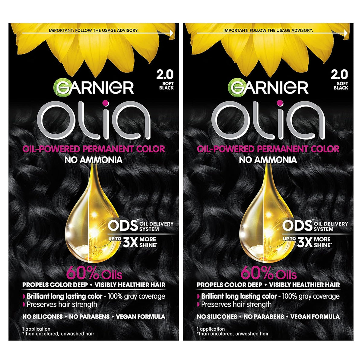 Garnier Hair Color Olia Ammonia-Free Brilliant Color Oil-Rich Permanent Hair Dye, 2.0 Soft Black, 2