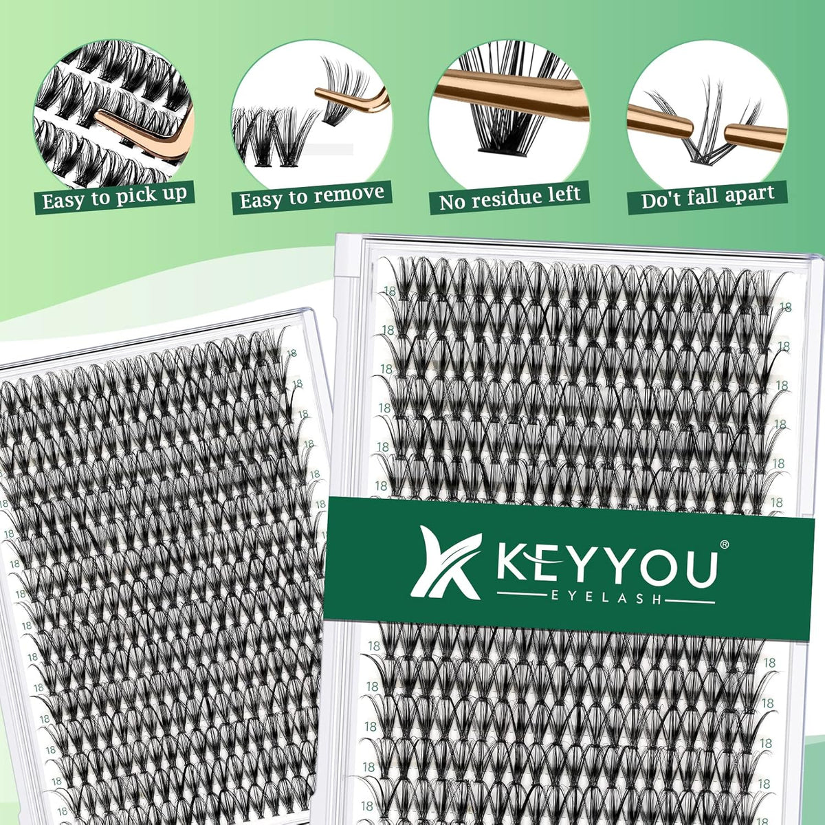 Lash Clusters 300pcs Individual Lashes 30D 0.07D Curl 18mm DIY Eyelash Extension KEYYOU Large Tray