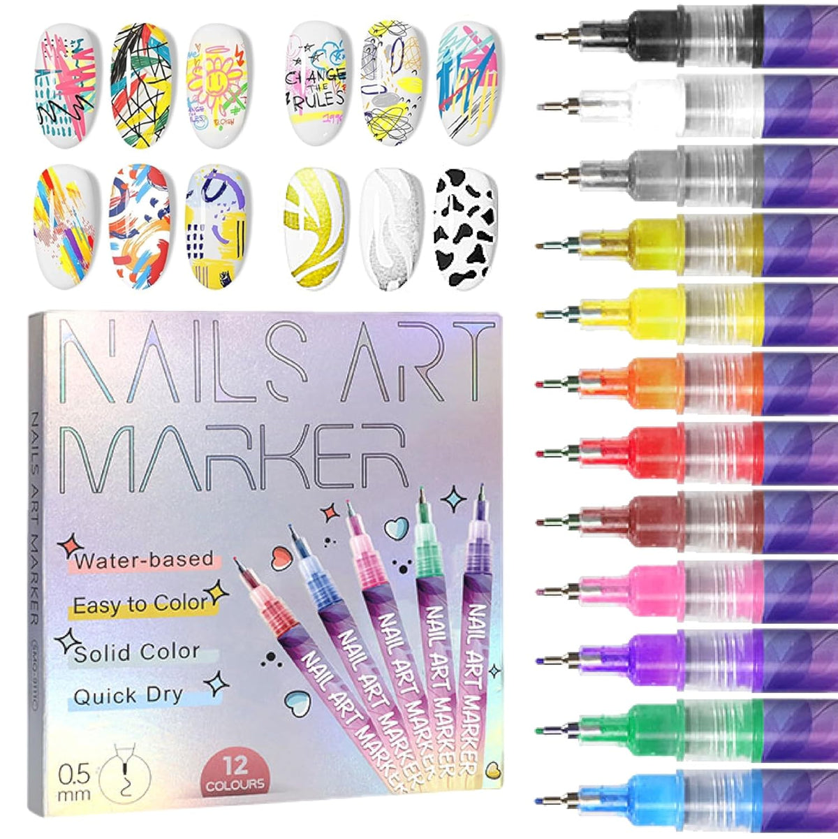 12 Colors Nail Art Pens Set 3D Nail Polish Pens Graffiti Dotting Pen Acrylic Paint Pens Point Liner